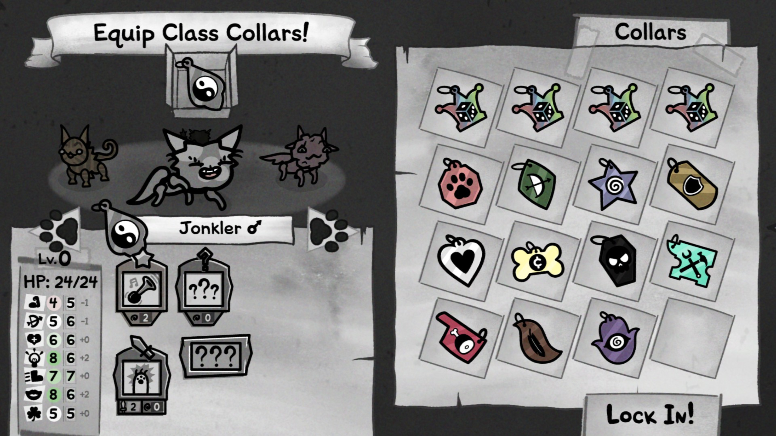 Mewgenics classes: The Monk class in the collar selection menu, showing the impact of the collar on the stats of the cat.