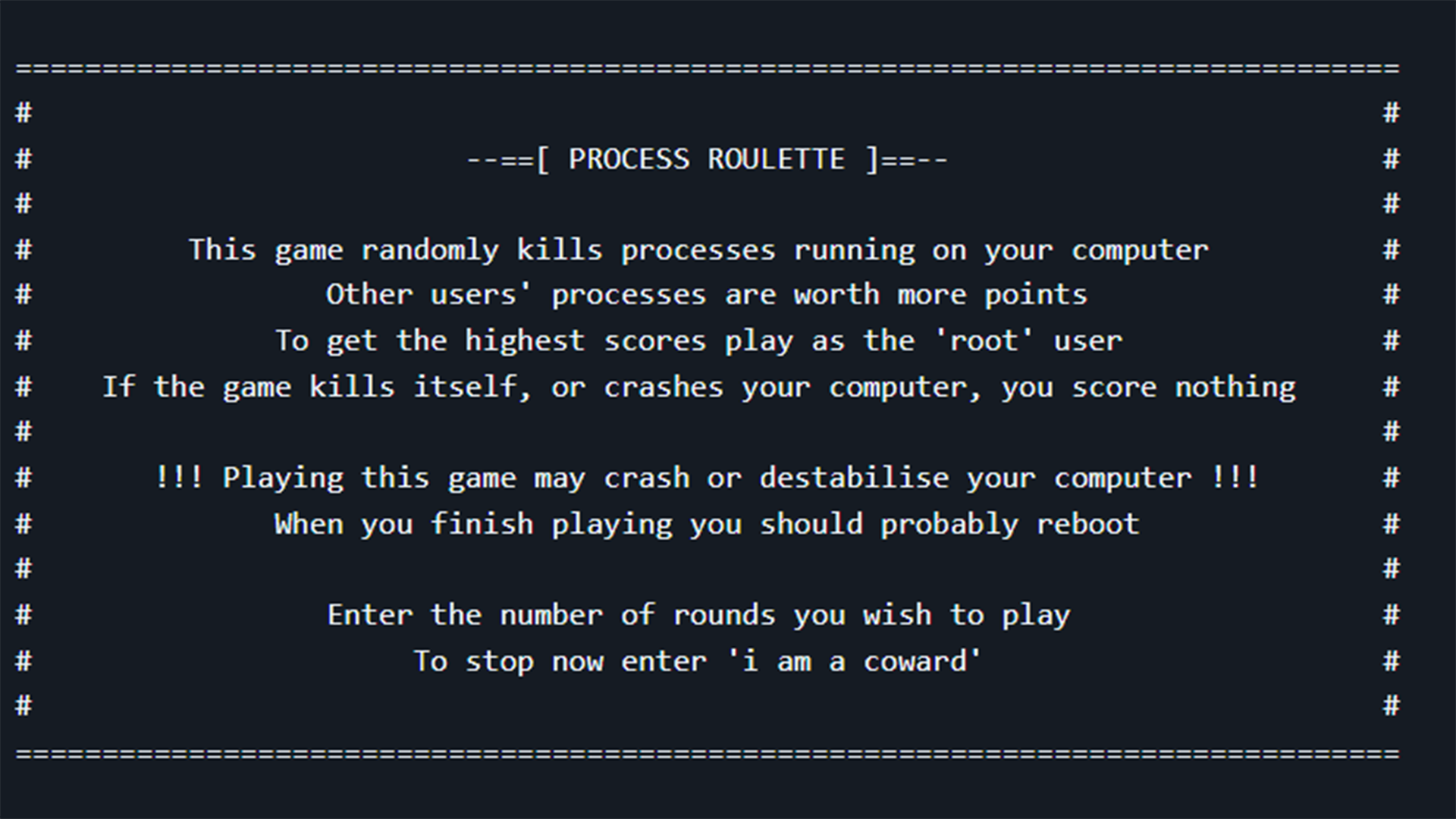 The splash screen for a game called Process Roulette.