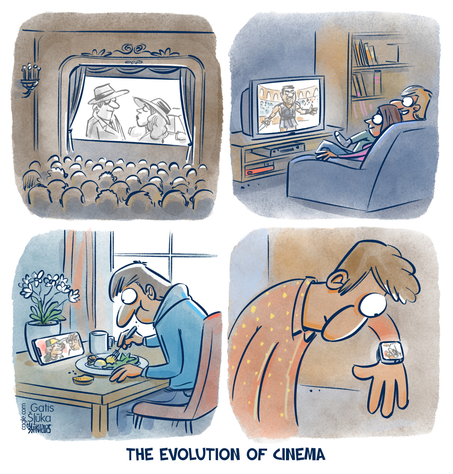 This four-panel cartoon is titled The Evolution of Cinema. The first frame shows a theater filled with people who watch a film that looks like it&amp;rsquo;s from the 1940s. The next frame shows a couple at home on the couch watching a movie from a videocassette that&amp;rsquo;s playing on a TV. In the third frame, a man sits at a table eating breakfast while he watches something on his phone. In the final frame, a man watches a tiny screen on his watch.