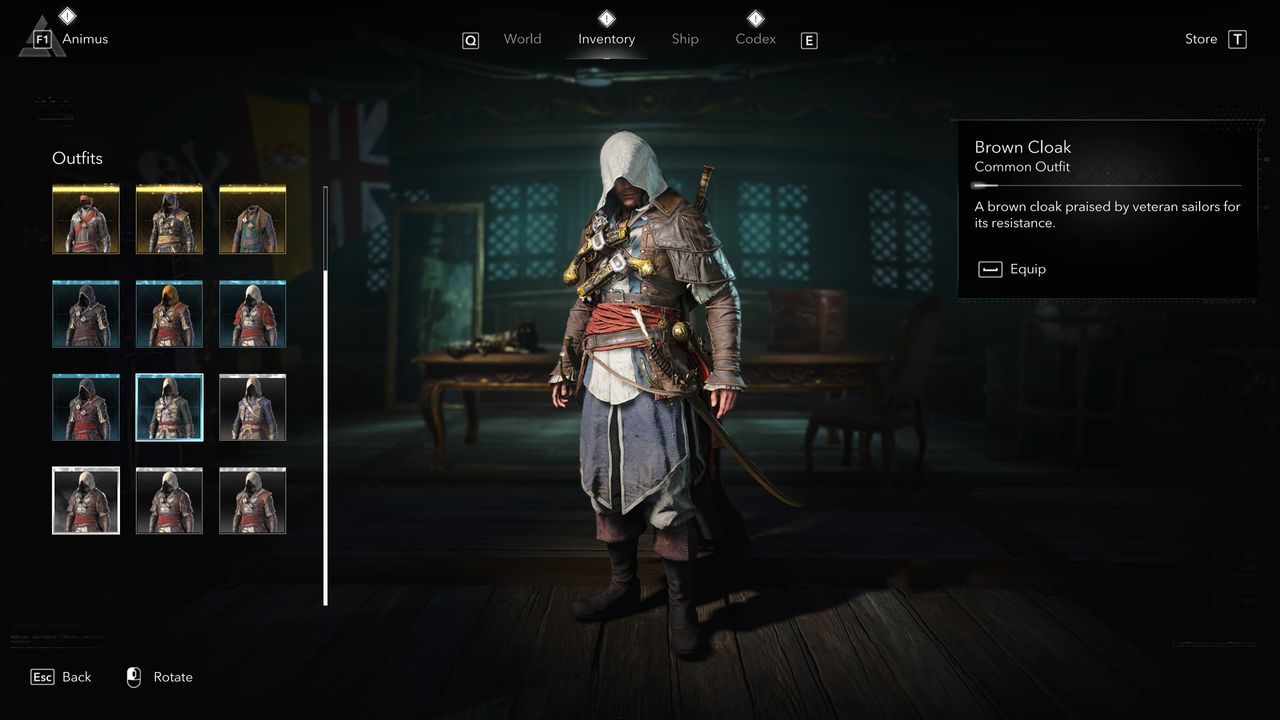 Black Flag outfits: The Brown Cloak oufit viewed in the menu.