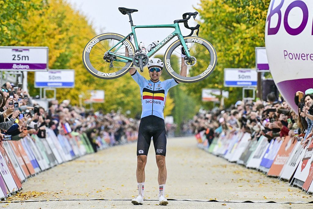 Belgian Florian Vermeersch celebrates as he crosses the finish line to win the men elite race at the UCI World Gravel Championships, Sunday 12 October 2025, in Maastricht, The Netherlands. BELGA PHOTO DIRK WAEM (Photo by DIRK WAEM / BELGA MAG / Belga via AFP) (Photo by DIRK WAEM/BELGA MAG/AFP via Getty Images)