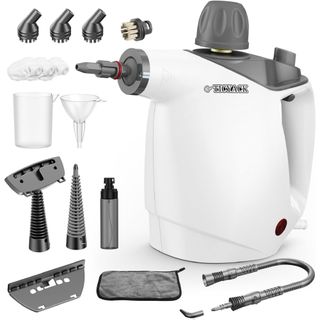 A white and gray steam cleaner with various attachments