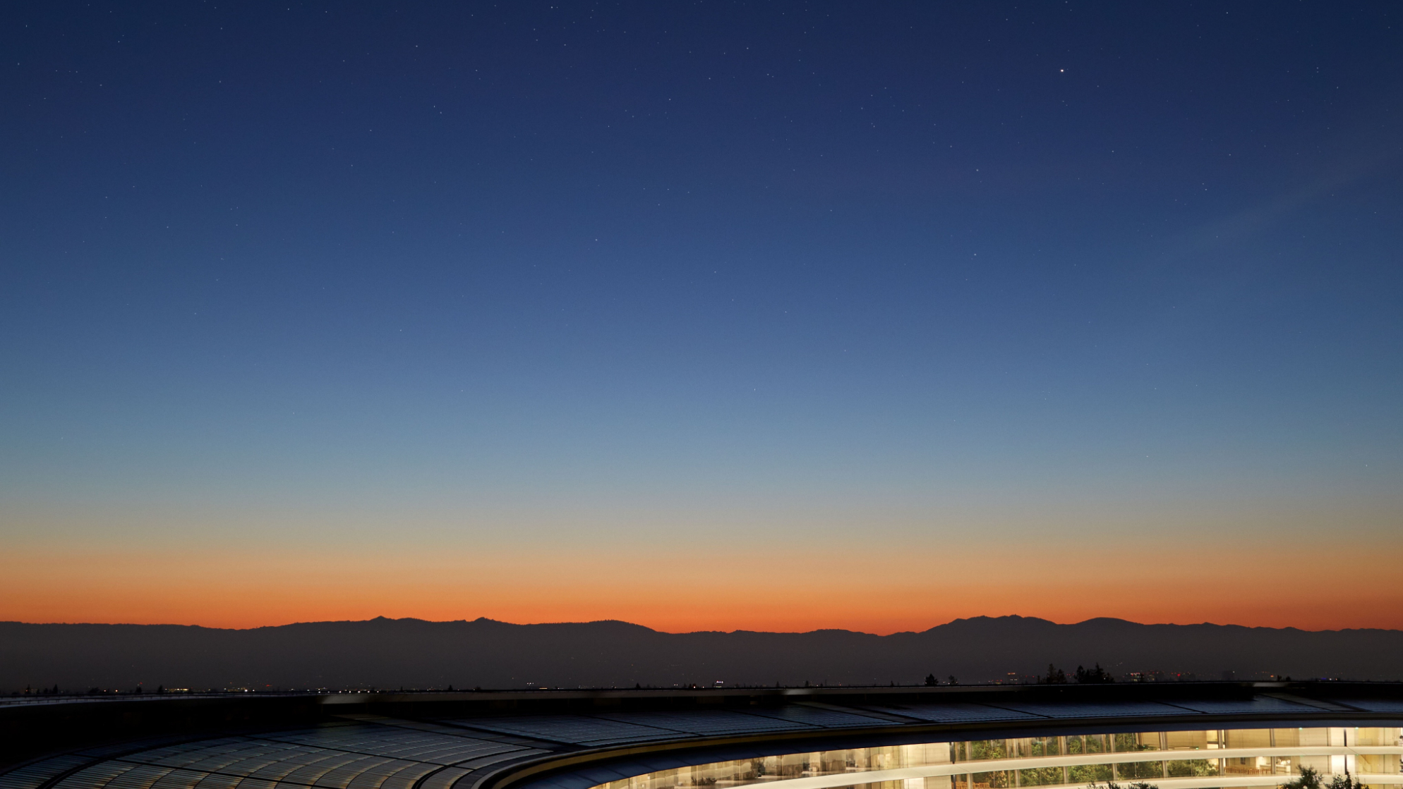 A photo of the sunrise over Apple Park on the morning of the Wonderlust launch event