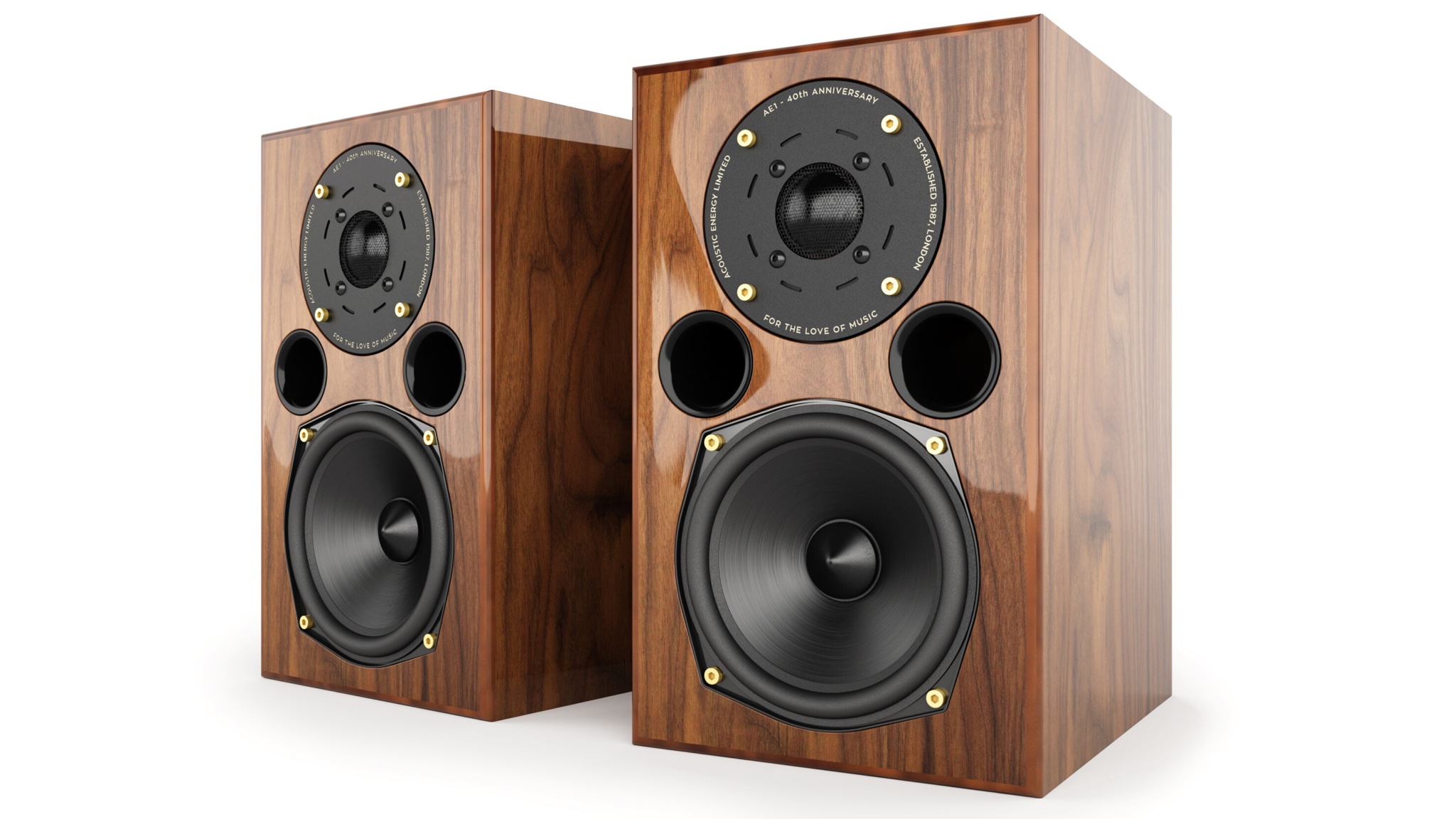 Product shot of the Acoustic Energy AE1 40th Anniversary speakers on a white background