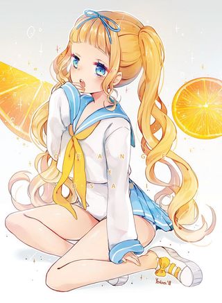 A schoolgirl kneeling on the floor surrounded by lemons