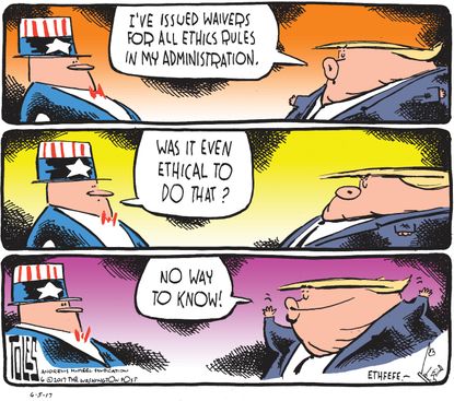 Political cartoon U.S. Trump administration ethical waivers