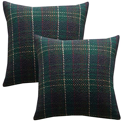 Lohdalolf Green Plaid Pillow Covers 18x18 Inch Set of 2 Knitting Tartan Pillow Cases Winter Xmas Farmhouse Cushion Covers for Sofa Bed