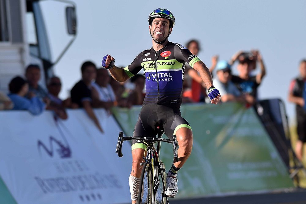 Eduardo Sepulveda (Fortuneo Vital Concept) celebrates as he crosses the line to win stage 4.