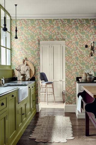 Green kitchen wallpaper by Little Greene