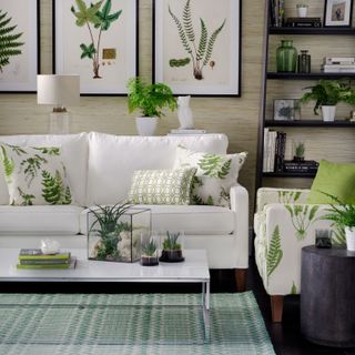 Smart living room with white sofa and black accents, and botanical prints on the walls and cushions