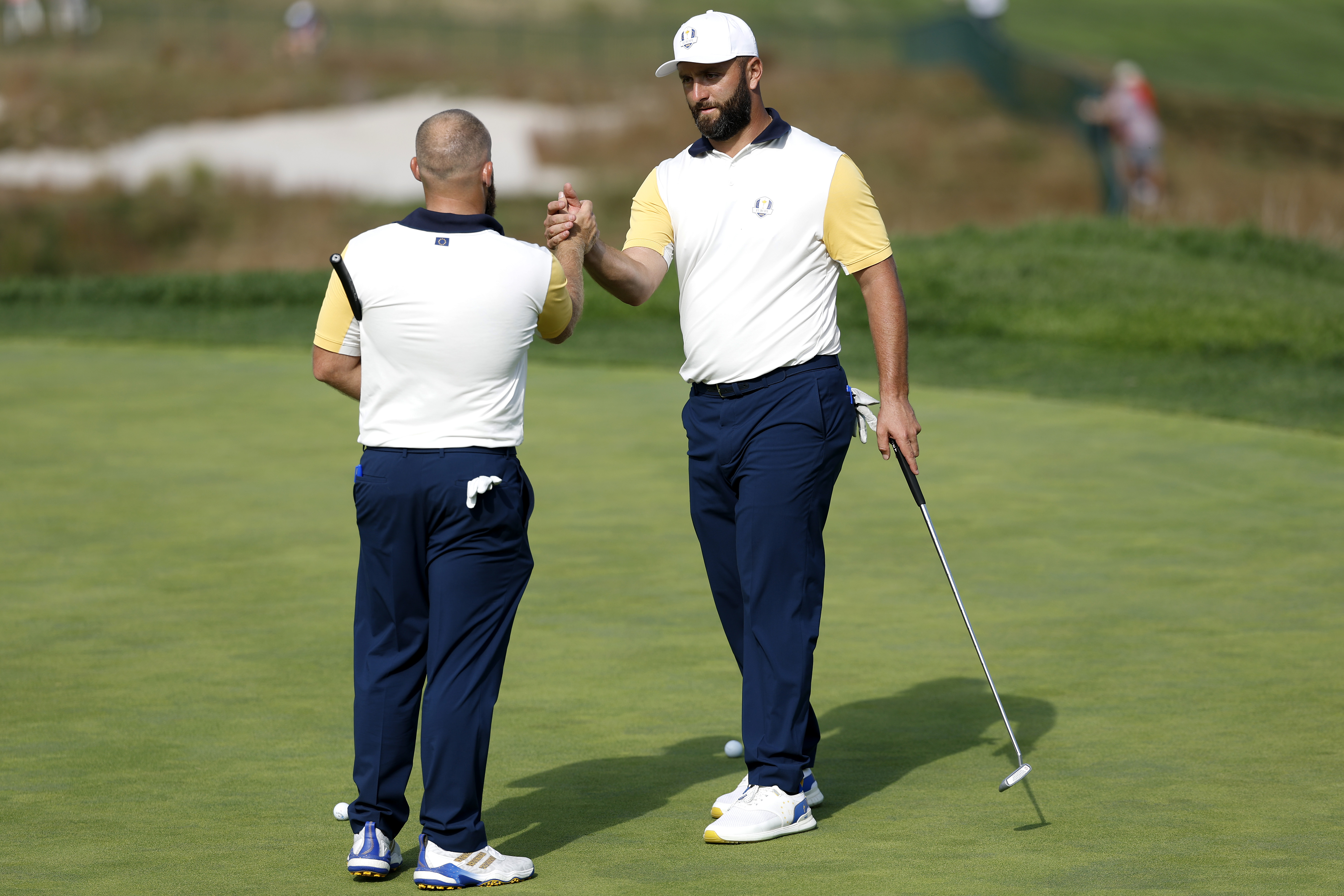 Tyrrell Hatton and Jon Rahm play a practice round together at the Ryder Cup