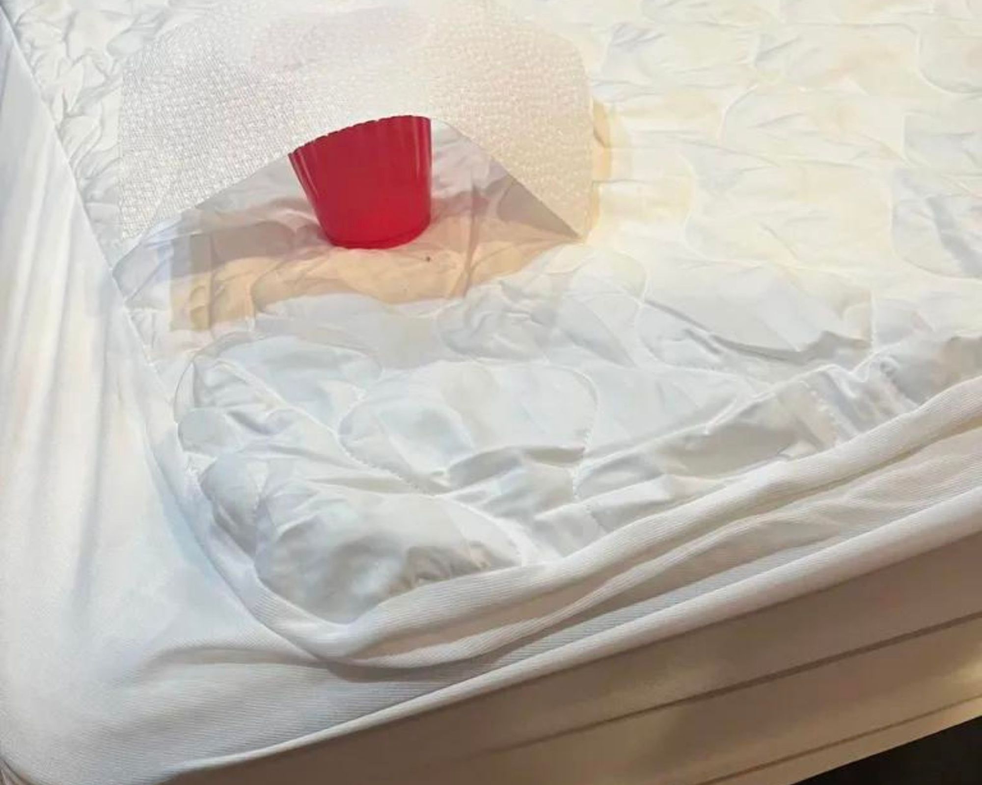 A red plastic cup of water with a white piece of paper towel on top of it on the white Nectar Memory Foam Mattress with a white quilted mattress protector on top of it.