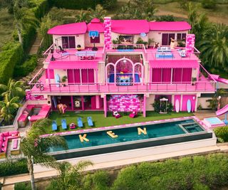 Barbie Dreamhouse, pink exterior, slide, pool, grass