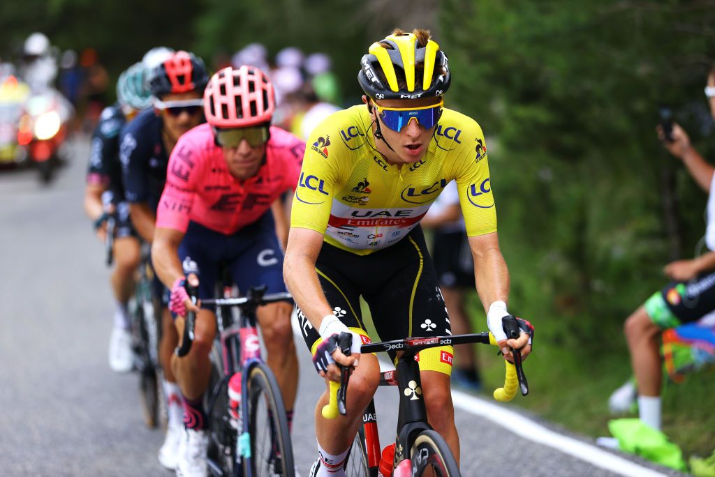 ANDORRELAVIEILLE ANDORRA JULY 11 Tadej Pogaar of Slovenia and UAETeam Emirates yellow leader jersey during the 108th Tour de France 2021 Stage 15 a 1913km stage from Cret to AndorrelaVieille Col de Beixalis 1796m LeTour TDF2021 on July 11 2021 in AndorrelaVieille Andorra Photo by Tim de WaeleGetty Images