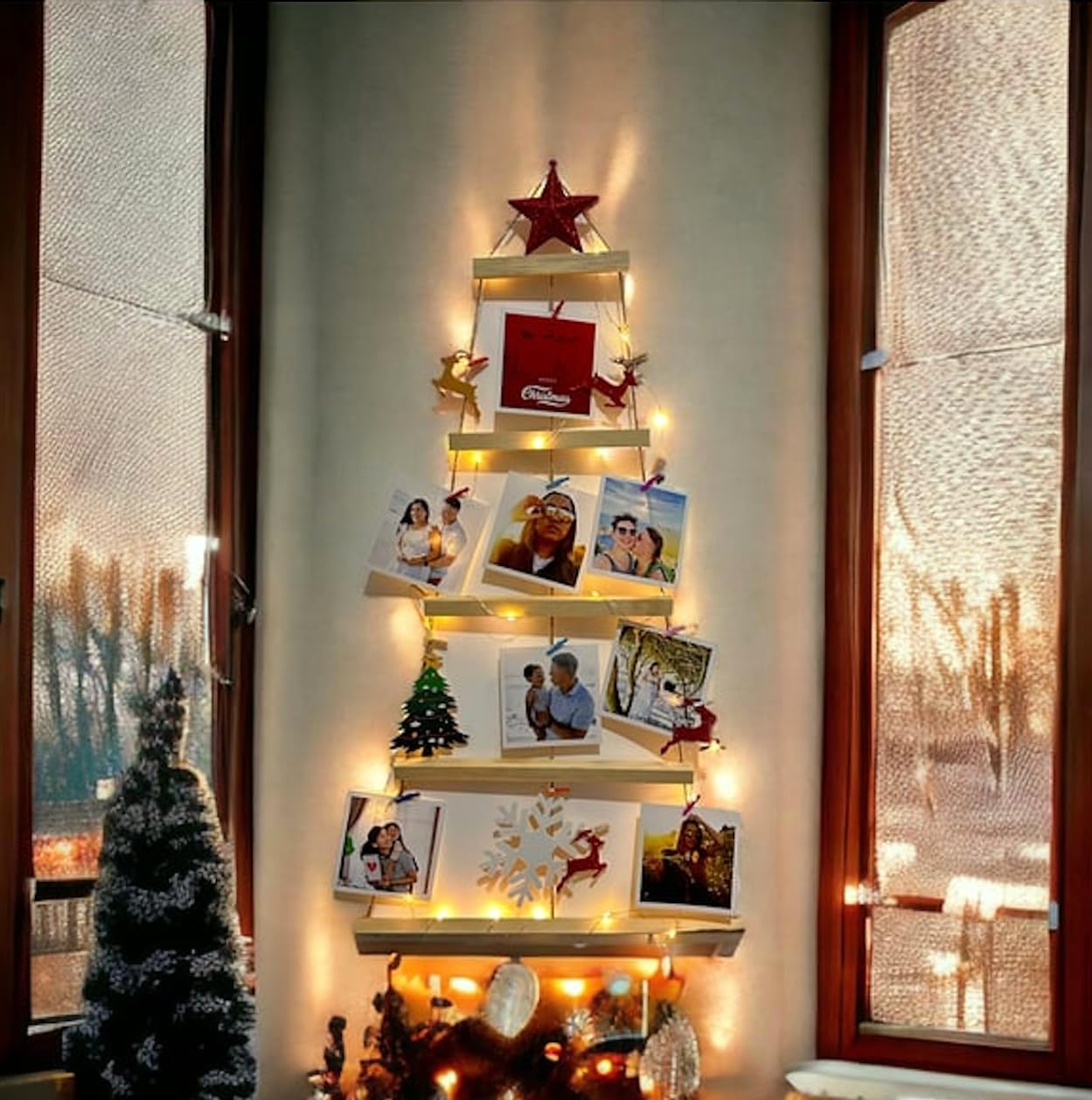 Pixomixo Christmas Wooden Ladder Tree - Space Saving Wall Tree - Hanging Christmas Wall Decor, Twig Christmas Decorations With 5 Tiers With 12 Pcs Felt Ornaments, Fairy Lights