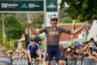 Fergus Browning (Trinity) celebrates his men's U23 win in the road race at the Federation University Road National Championships in 2024