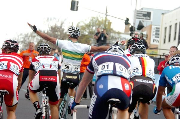 What the rest of the U23 men's peloton saw of Michael Matthews (Australia) at the finish line.