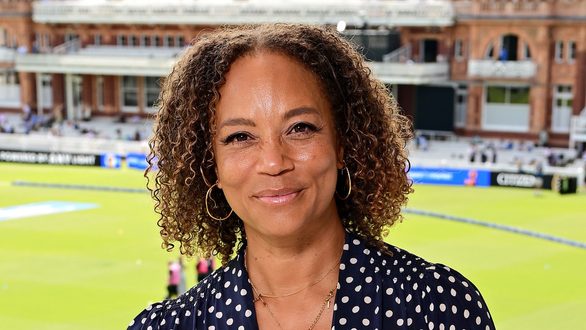 Angela Griffin in Rixo dress at Lord's Cricket Ground on August 09, 2026 in London