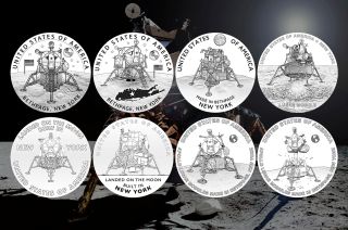 U.S. Mint artists created eight proposed designs highlighting the role of New York in the design and assembly of the Apollo lunar module for the American Innovation $1 coin program. 