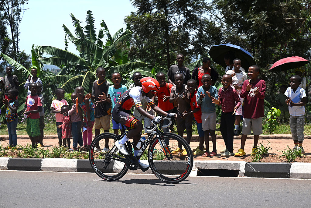 Namukasa Trinitah (Uganda) competes in the elite women&#039;s time trial in Kigali