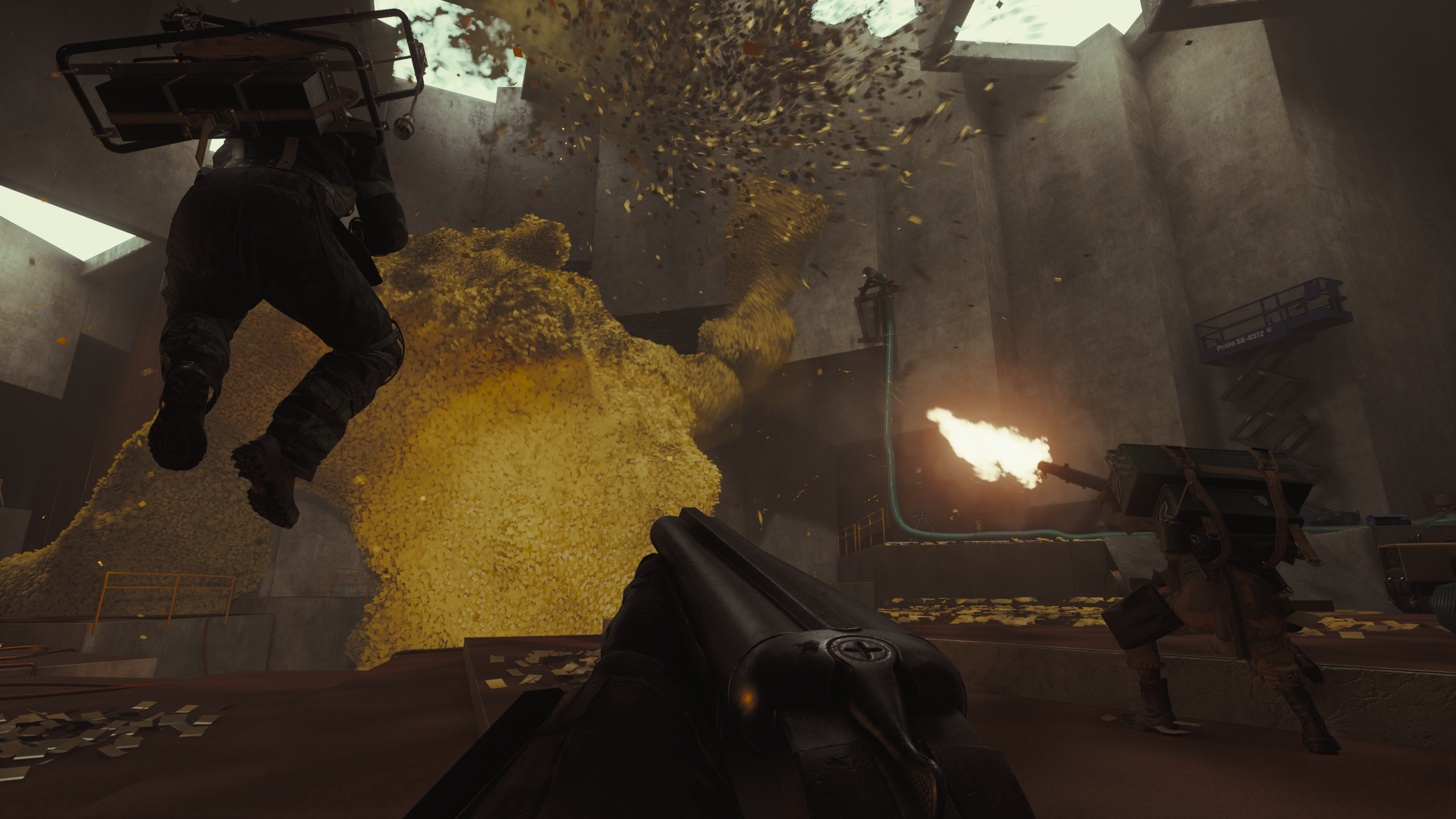 FBC: Firebreak screenshot (minus the player's HUD) showing three players fighting sticky note monster, Sticky Ricky