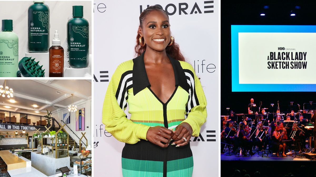 Issa Rae and a collage of her various businesses and investments. 