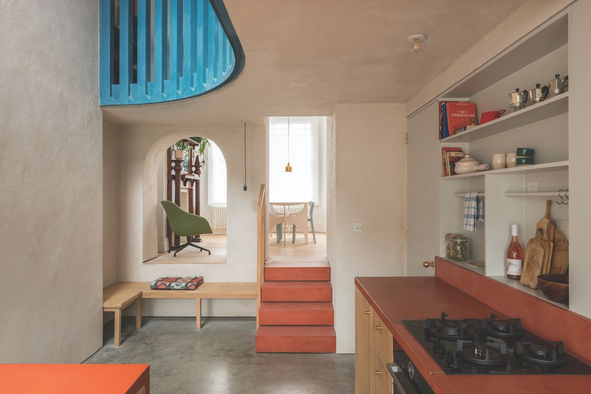 modern kitchen renovation in terrace with steps to living room