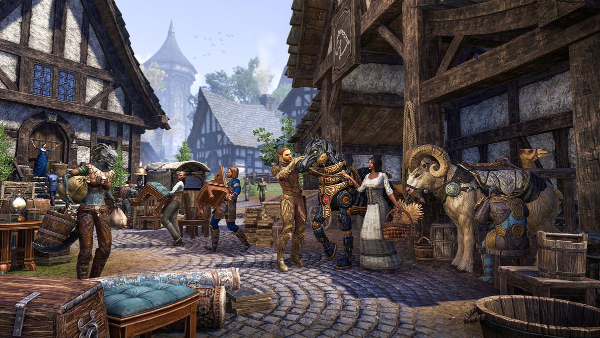 A screenshot from The Elder Scrolls Online showing a market with people and animals.