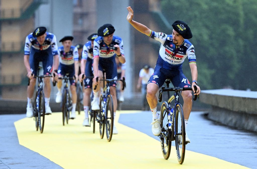French Julian Alaphilippe of Soudal QuickStep pictured during the team presentation ahead of the 110th edition of the Tour de France cycling race in Bilbao Spain Thursday 29 June 2023 This years Tour de France takes place from 01 to 23 July 2023 and starts with three stages in Spain BELGA PHOTO DIRK WAEM Photo by DIRK WAEM BELGA MAG Belga via AFP Photo by DIRK WAEMBELGA MAGAFP via Getty Images
