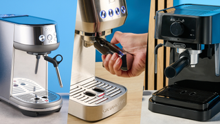 the casabrews 3700 essential, breville bambino plus, delonghi stilosa on a blue tom's guide background