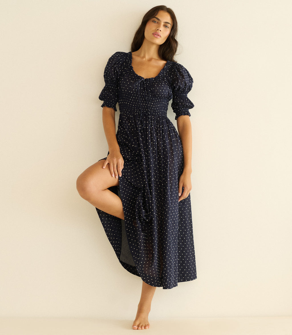 Ischia Dress -- Navy Flock Dot
