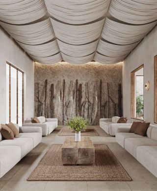 An earthy living room with fabric ceiling design