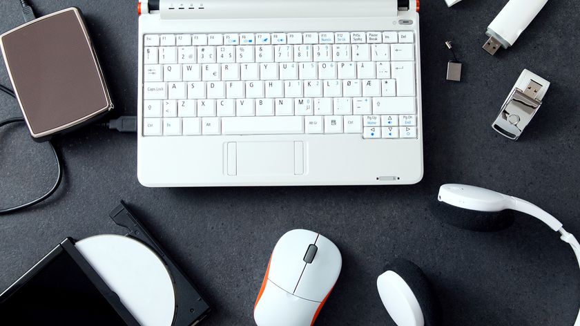 Computer peripherals &amp; laptop accessories. Composition on stone counter