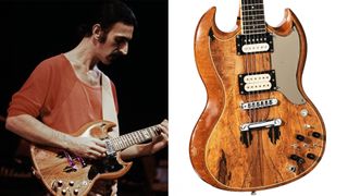 LEFT: Frank Zappa plays his Baby Snakes SG onstage circa 1975 in Los Angeles, California. RIGHT: Zappa's Baby Snakes Gibson SG