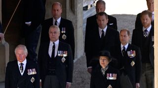 Prince Charles, Prince of Wales, Princess Anne, Princess Royal, Prince Andrew, Duke of York, Prince Edward, Earl of Wessex, Prince William, Duke of Cambridge, Peter Phillips and Prince Harry, Duke of Sussex follow Prince Philip, Duke of Edinburgh's coffin