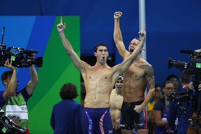 Michael Phelps celebrating his 19th Olympic gold medal in Rio