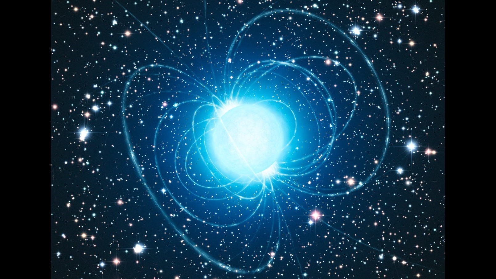 illustration of a star with beams of light circling it. faraway stars are all over the background