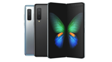 The Samsung Galaxy Fold in three colours on a white background