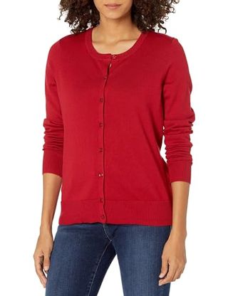 Amazon Essentials Women's Lightweight Crewneck Cardigan Jumper (available in Plus Size), Red, L