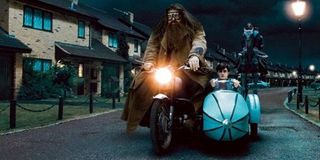 Hagrid on his motorbike with Harry Potter in the movies