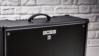 Close up of the Boss logo on a Boss Katana combo amp