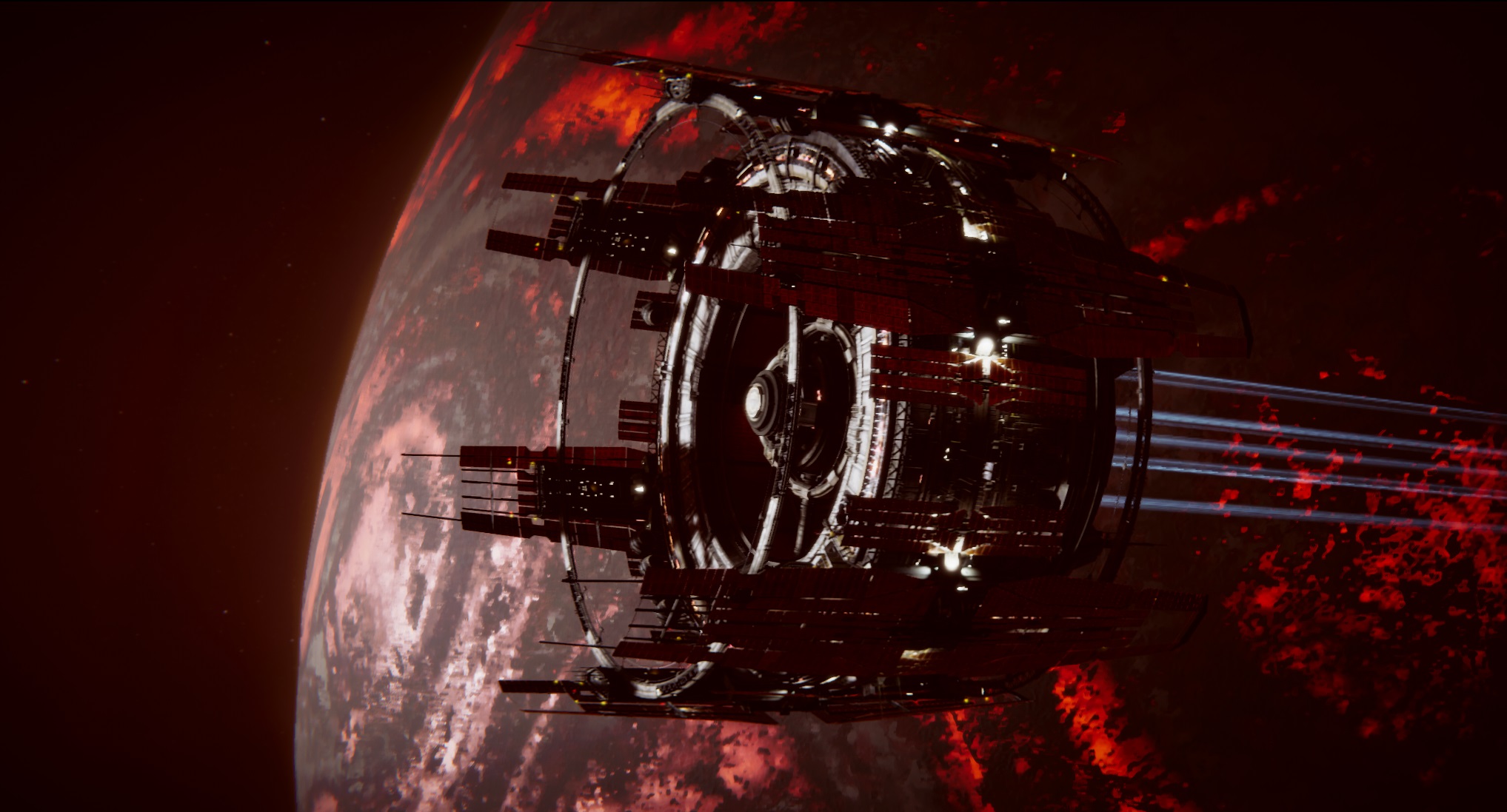 Ixion's space station bathed in an ominous red glow