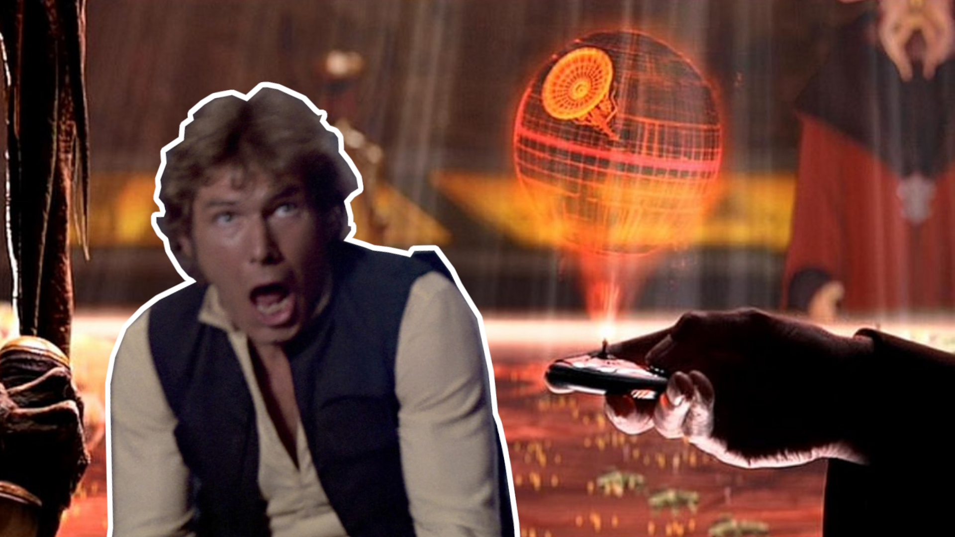 Han Solo with a white outline yells at a hologram image of the Death Star