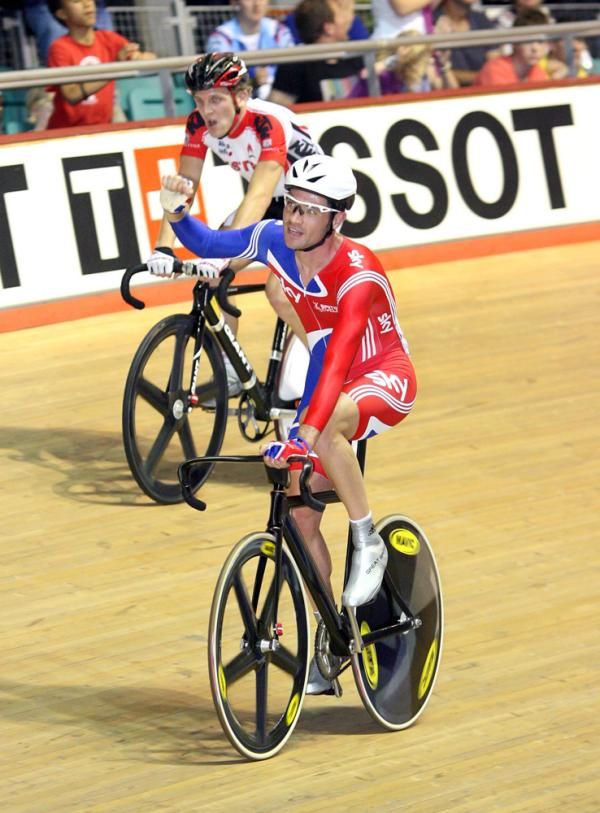 Chris Newton (Great Britain) celebrates his victory in the men's points race on the opening night of the Manchester World Cup.