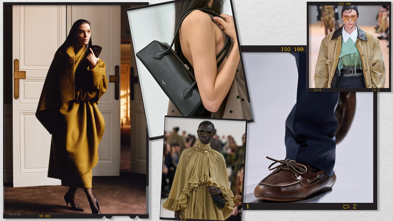 A Future graphic for Marie Claire&#039;s 2024 luxury fashion report featuring a The Row Winter 2024 model, Alaia&#039;s Le Teckel bag, Chloé Fall 2024 model, Miu Miu boat shoes, and Prada model Spring 2024