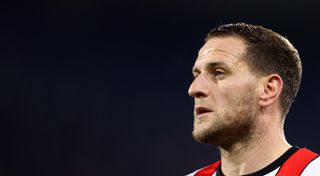 HUDDERSFIELD, ENGLAND - MAY 04: Billy Sharp of Sheffield United looks on during the Sky Bet Championship between Huddersfield Town and Sheffield United at John Smith's Stadium on May 04, 2023 in Huddersfield, England. (Photo by George Wood/Getty Images)