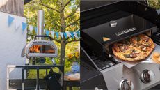 A split-panel image of a pizza oven vs grill-top pizza oven. on one side, an Ooni Karu 16 in a modern garden; on the other, a close up of a Cuisinart grill-top pizza oven