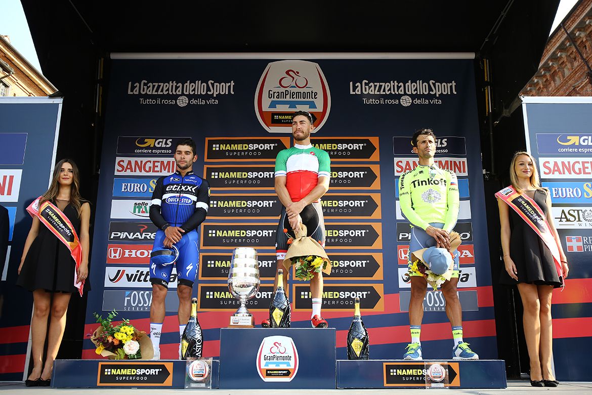 Fernando Gaviria, Giacomo Nizzolo and Daniele Bennati on the podium