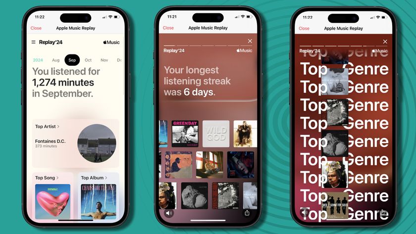 Three iPhone 15 screens showing Apple Music Replay stats, on teal background