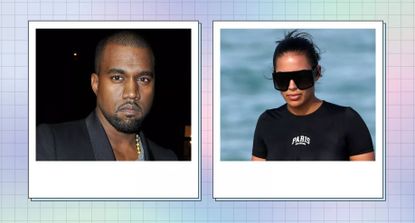 Collage of Kanye West and Chaney Jones in white squares, against a purple/blue square background